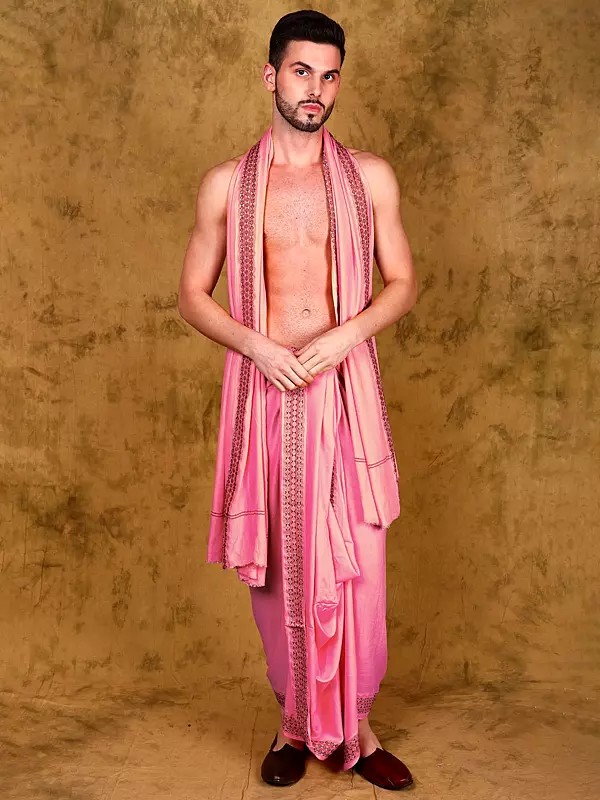 Jute Fiber Dhoti and Angavastram Set with Woven Rudraksha Border from Varanasi