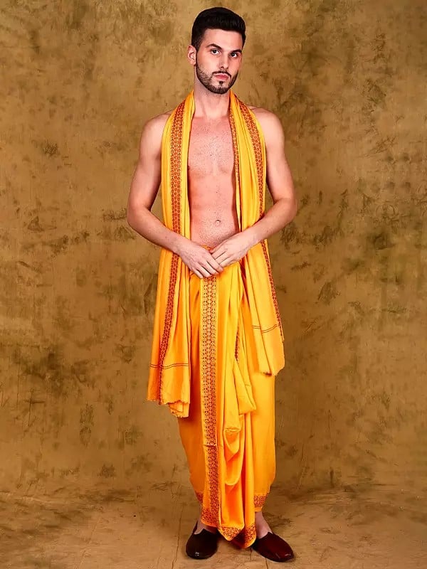 Gold-Fusion Jute Fiber Dhoti and Angavastram Set with Woven Rudraksha Border from Varanasi