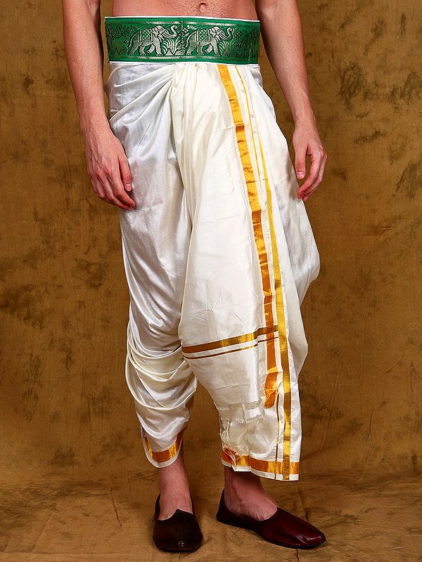 Medium-Green Adjustable Dhoti Belt with Woven Elephants