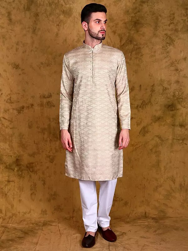 Gilded-Beige Wedding Kurta Pajama Set with Woven Bootis