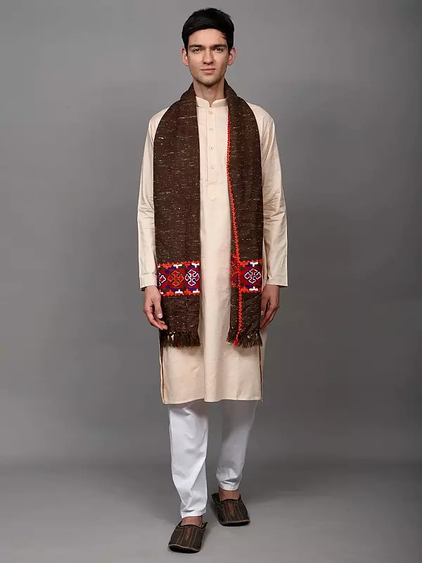 Scarf with Kinnauri Embroidered Border in Multicolor (Unisex) from Kullu