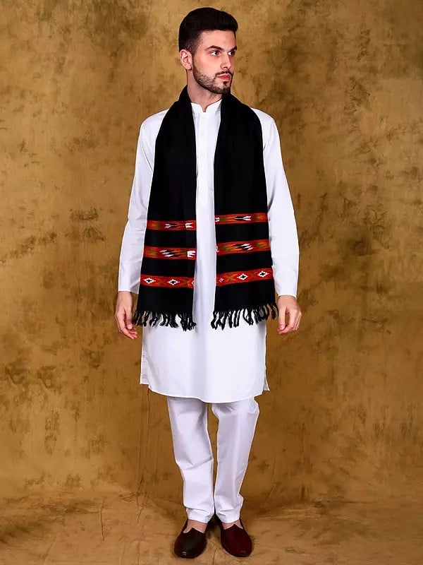 Wool Scarf with Kinnauri Multicolor Woven Triple Border from Kullu (Unisex)