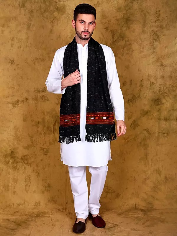 Wool Scarf with Kinnauri Woven Wide Border from Kullu (Unisex)