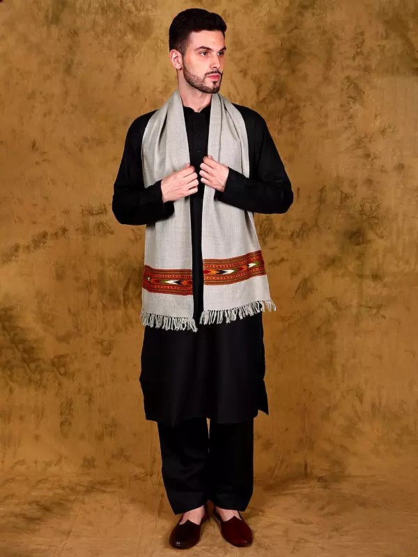 Wool Scarf with Kinnauri Woven Wide Border from Kullu (Unisex)