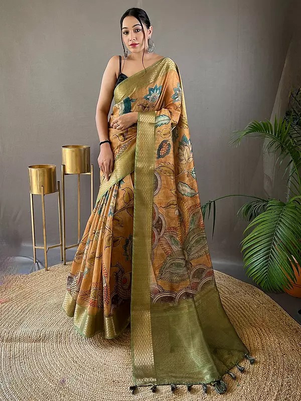 Floral Printed With Weaving Border Silk Saree And Tassels Pallu