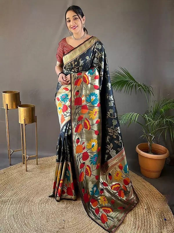 Weaving Work Floral Broad Border Party Wear Printed Silk Saree