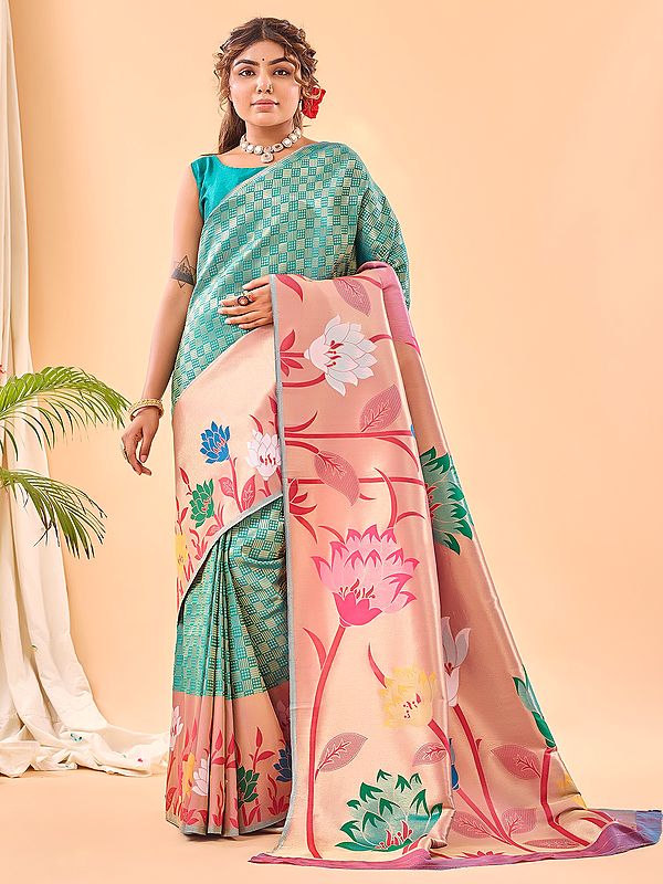 Broad Border Weaving Work Silk Saree With Blouse And Floral Pallu