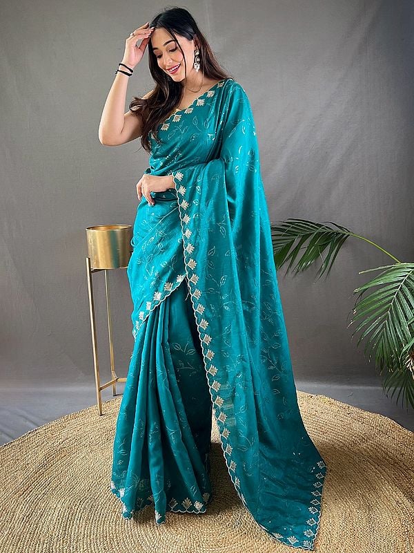 Embroidery Work Embellishment Silk Party Wear Saree With Blouse