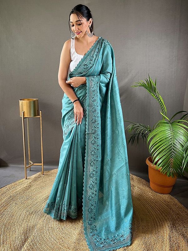 Pure Matka Silk Attractive Floral Embroidered Designer Party Wear Saree