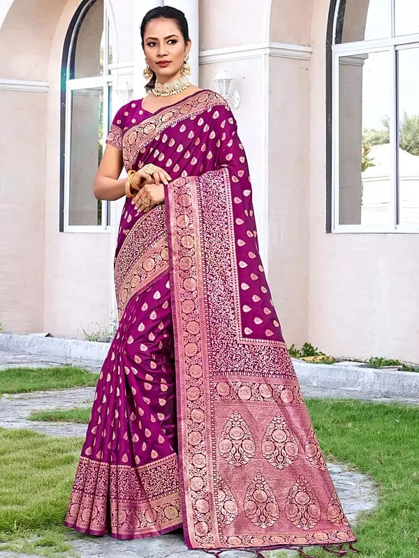 All Over Woven Ethnic Motifs Silk Party Wear Saree With Designer Tassels Pallu