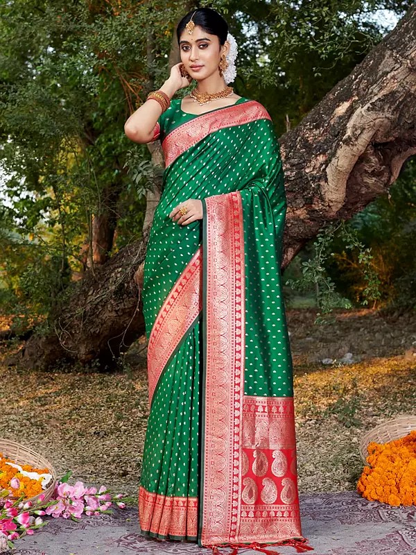 Banarasi Silk All Over Woven Small Buti Festival Wear Saree With Paisleys Printed Tassels Pallu