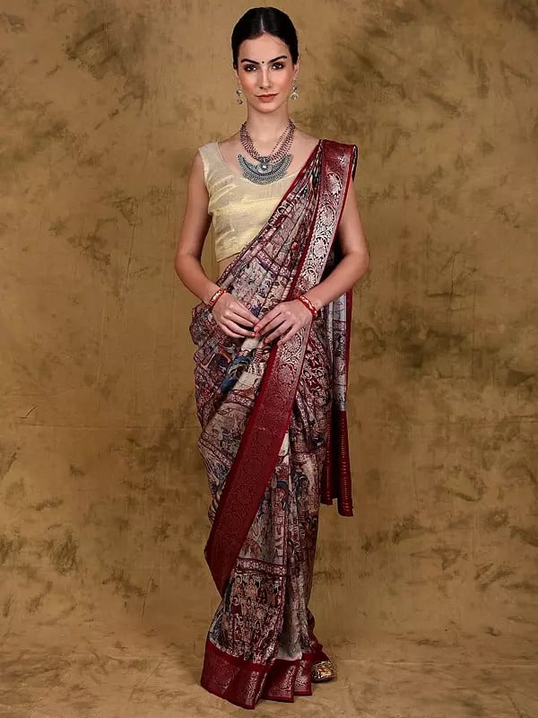 Ancient Ajanta Caves Art Digital Printed Multicolor Saree with Woven Border