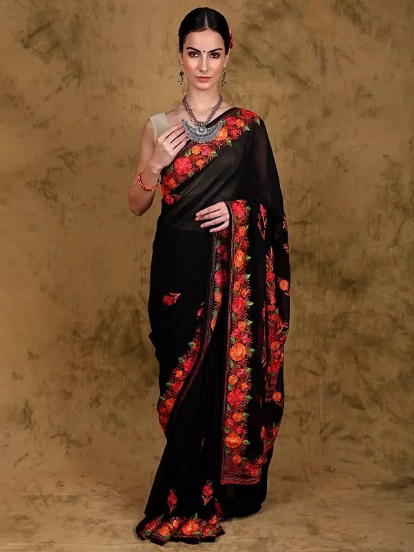 Moonless-Night Georgette Saree from Kashmir with Multicolored Aari Embroidered Flowers