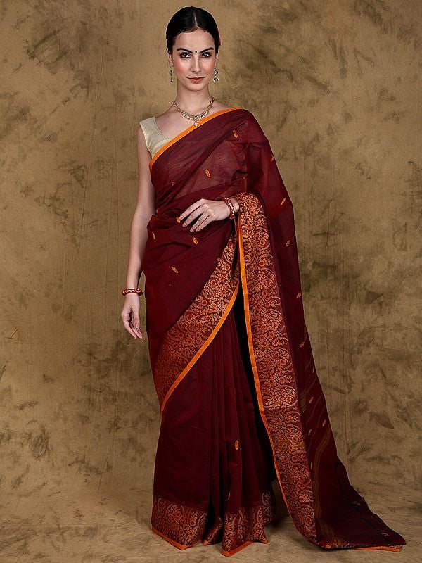 Biking-Red Chettinad Cotton Saree with Floral Woven Border