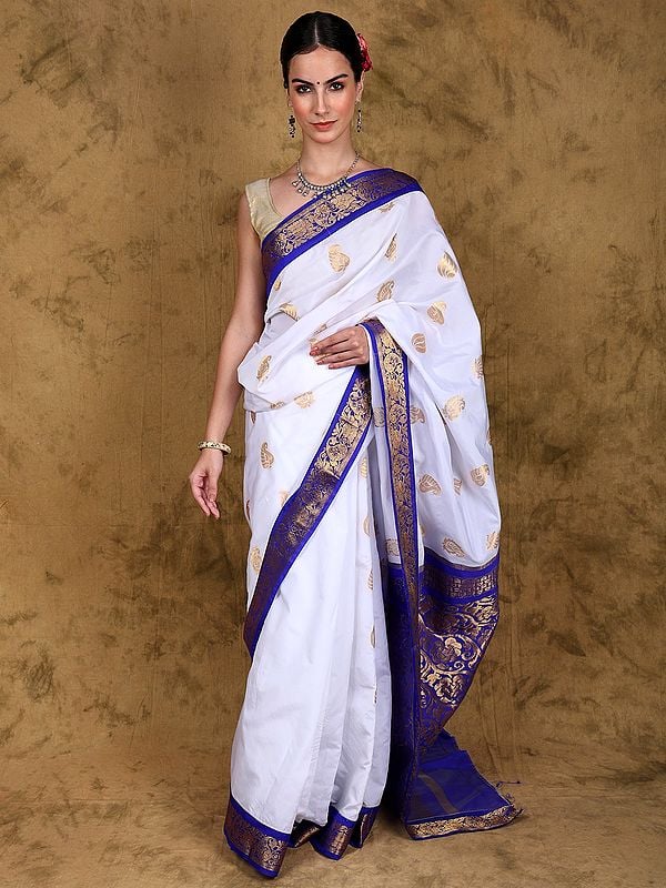 Star-White Silk Temple Saree from Kumbakonam with Zari Woven Paisleys and Contrast Floral Border & Pallu