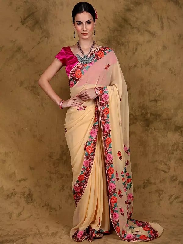 Autumn-Blonde Georgette Saree from Kashmir with Floral Aari Embroidery on Aanchal and Border