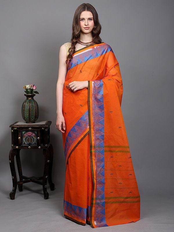 Chettinad Cotton Saree with Floral Temple Woven Border and Striped Pallu