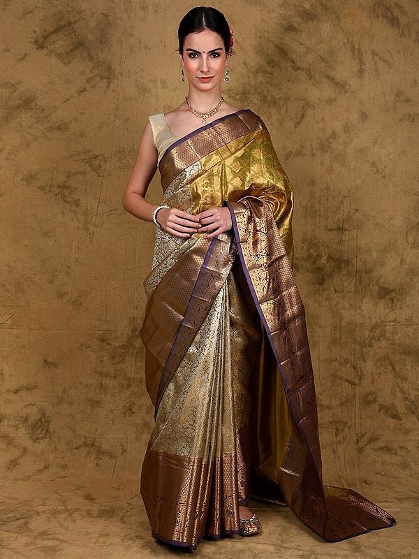 Rich-Gold Bridal Saree from Kumbakonam with All-Over Zari Brocaded Floral Jaal and Paisleys Wide Border