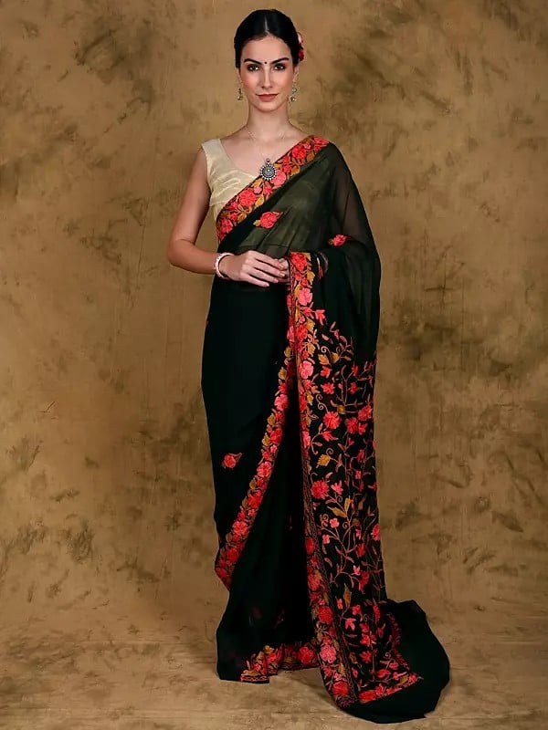 Deep-Forest Georgette Saree from Kashmir with Multicolor Aari Embroidered Floral Jaal on Pallu and Border