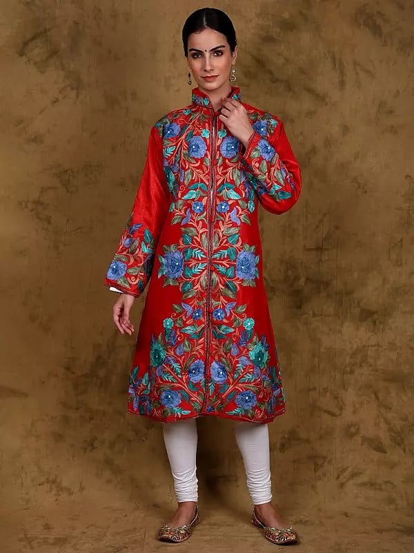 Flame-Scarlet Kashmiri Long Jacket with Multicolor Aari Embroidered Flowers