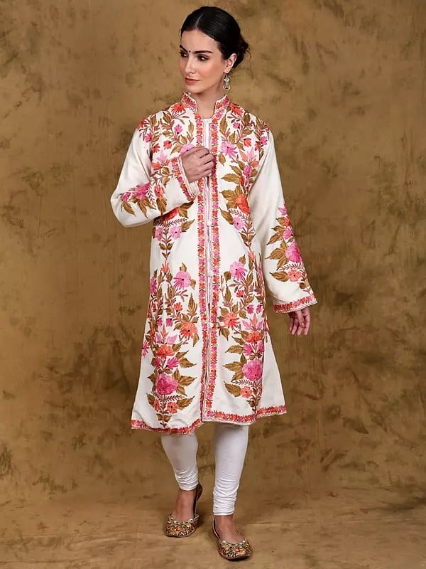 Snow-White Floral Aari Embroidered Long Jacket from Kashmir