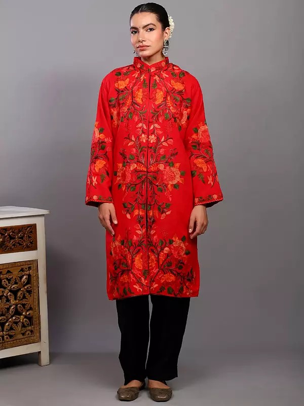 Wool Long Jacket from Kashmir with Multicolor Aari Embroidered Floral Motifs