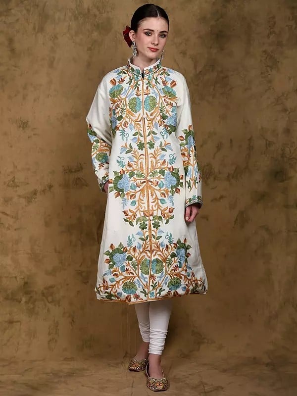 Wool Long Jacket from Kashmir with Multicolor Aari Embroidered Floral Motifs