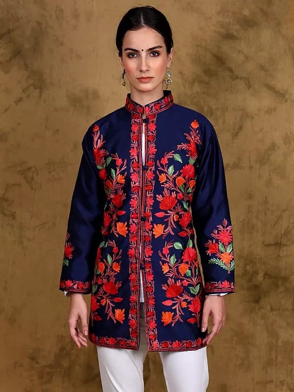 Blue-Depths Kashmiri Short Jacket with Multicolor Phool Patterns Aari-Embroidery