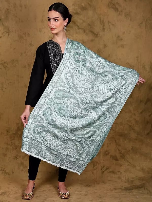 Reversible Jamawar Stole from Punjab with Woven Flowers and Paisleys