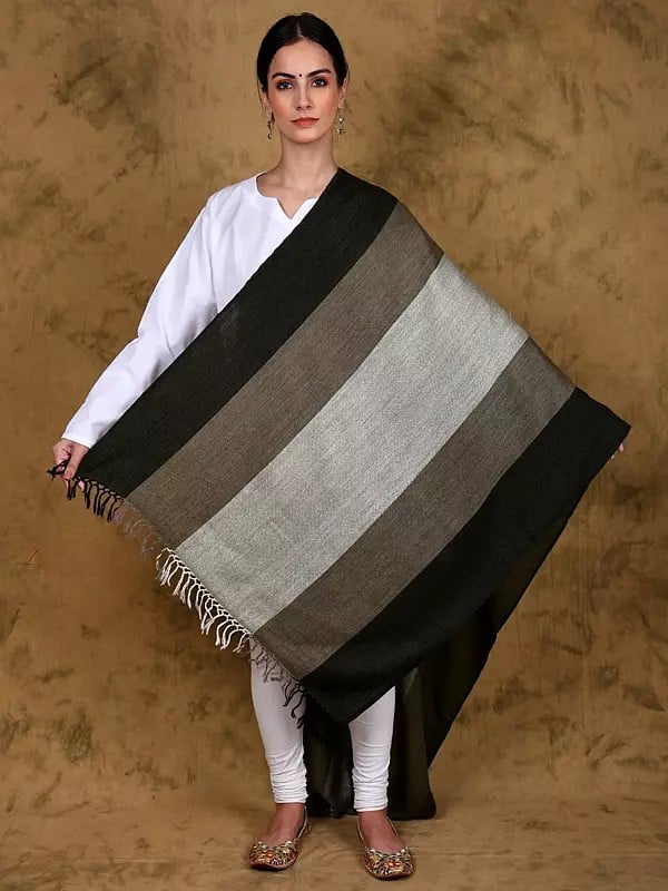 Reversible Pure Wool Striped Pattern Stole with All-Over Chevron Weave