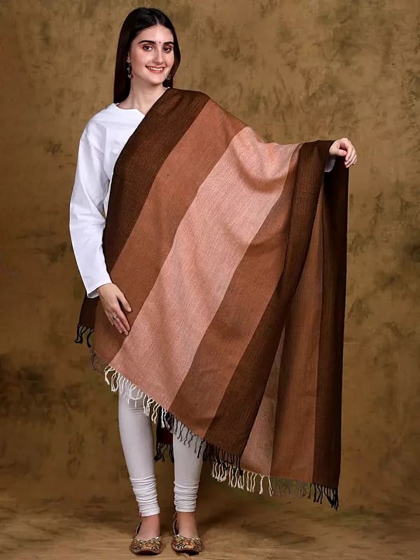 Reversible Pure Wool Striped Pattern Stole with All-Over Chevron Weave