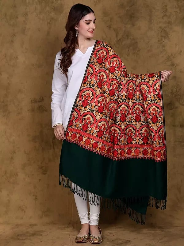 Shawl from Kashmir with Multicolor Aari Embroidered Floral Pattern