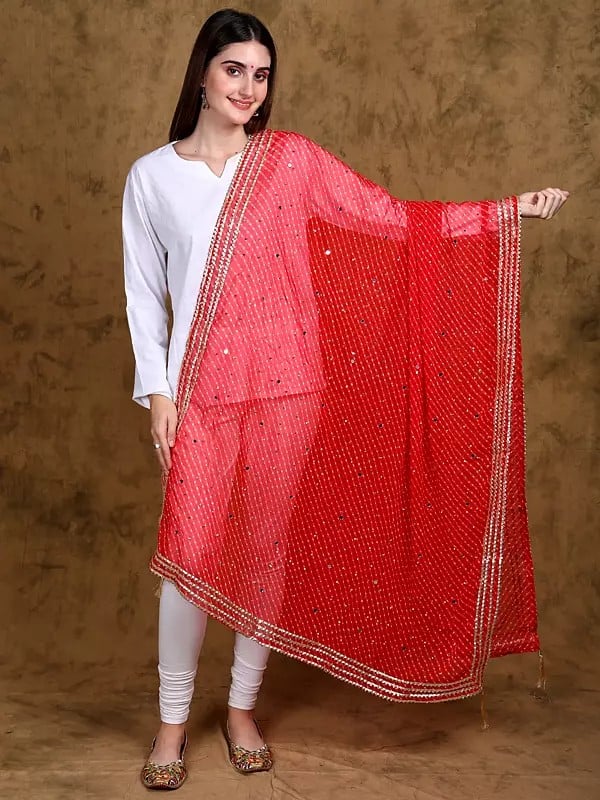 Georgette Diagonal Pattern Printed Dupatta with Bead-Mirror work and Lace Border from Amritsar