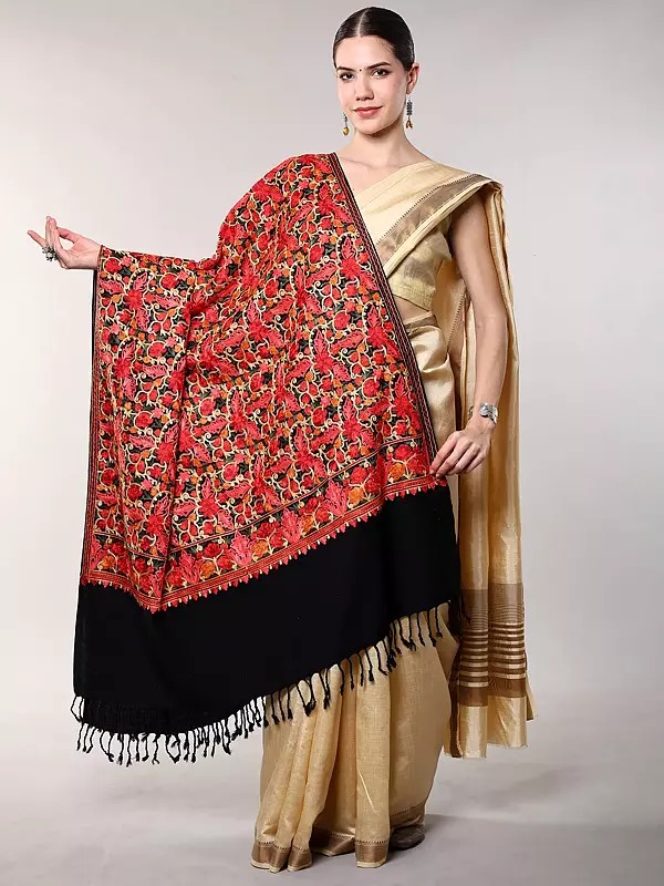 Wool Shawl from Kashmir with All-Over Floral Aari Embroidery