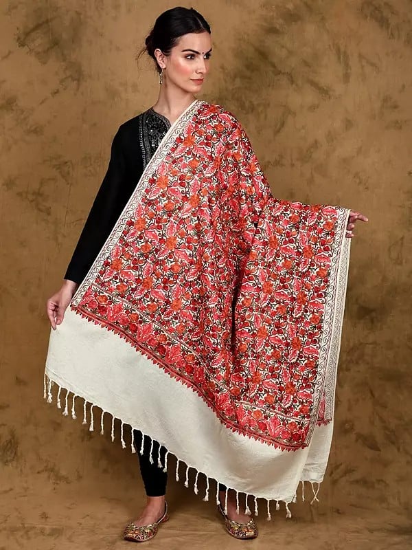 Cannoli-Cream Shawl from Kashmir with All-Over Floral Aari Embroidery