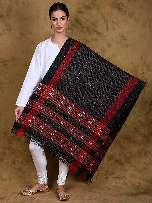 Black-Sand Diamond Weave Yak Wool Stripe Stole from Kullu with Kinnauri Triple Border