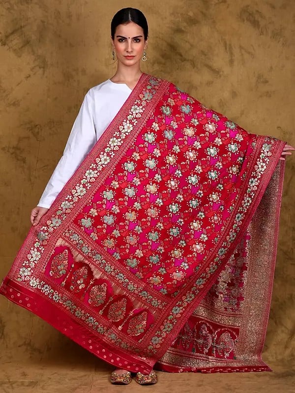 Art Silk Dupatta with Zari Woven Hibiscus Floral Jaal from Amritsar