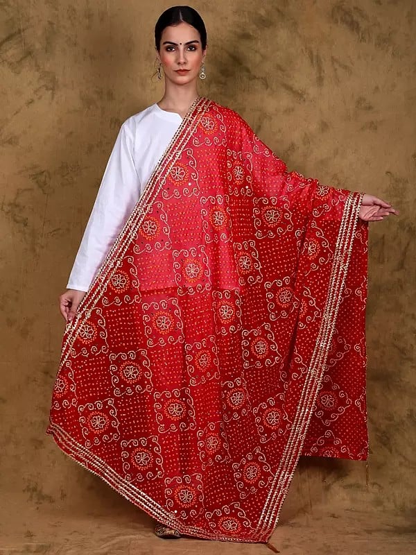 Mars-Red Bandhani Tie-Dye Printed Georgette Dupatta with Lace Border and Tassel