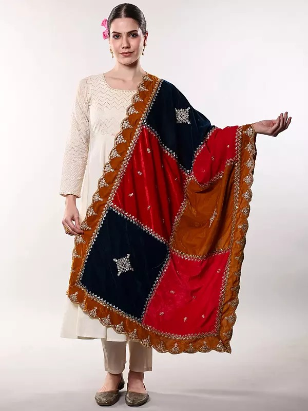 Velvet Multicolor Patch Work Sequins Embroidered Dupatta with Scalloped Border