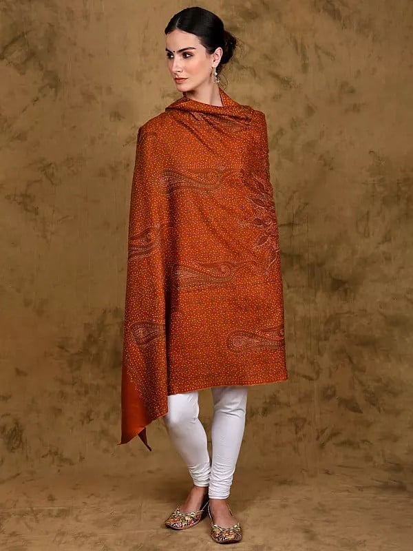 Cinnamon-Stick Pure Wool Shawl from Kashmir with Sozni Hand Embroidered Paisley and Large Chakra