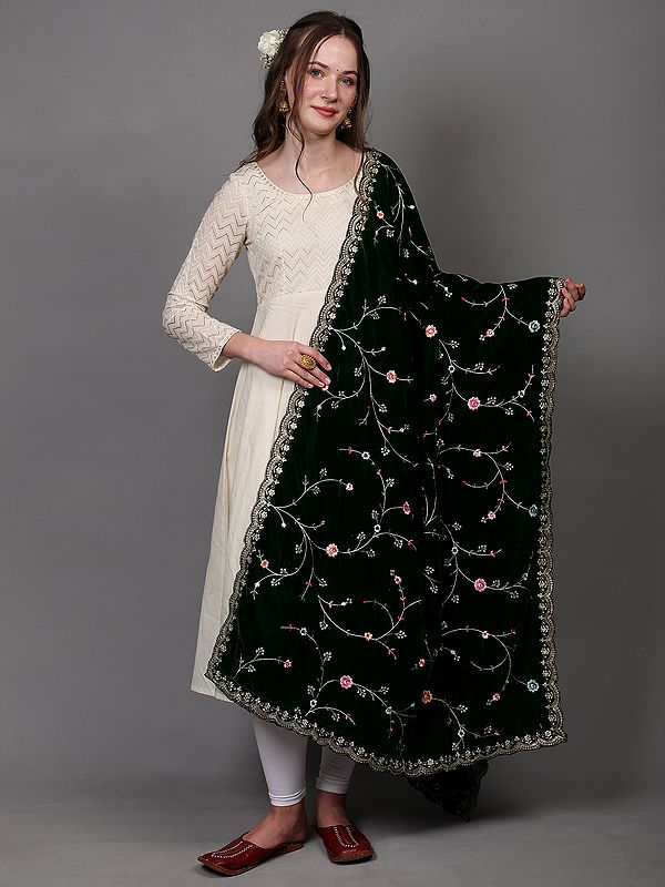 Velvet Sprig Vine Dupatta from Punjab with Zari-Sequins Embroidery and Scalloped Border