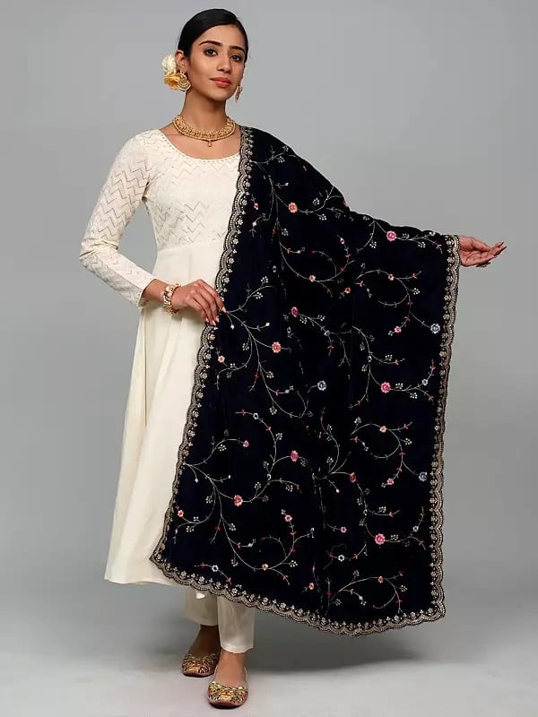 Velvet Sprig Vine Dupatta from Punjab with Zari-Sequins Embroidery and Scalloped Border