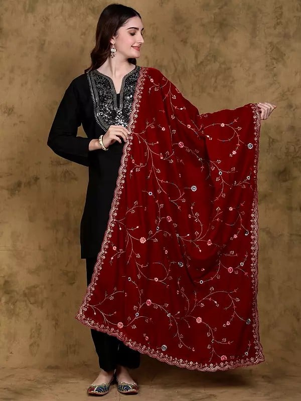 Velvet Sprig Vine Dupatta from Punjab with Zari-Sequins Embroidery and Scalloped Border