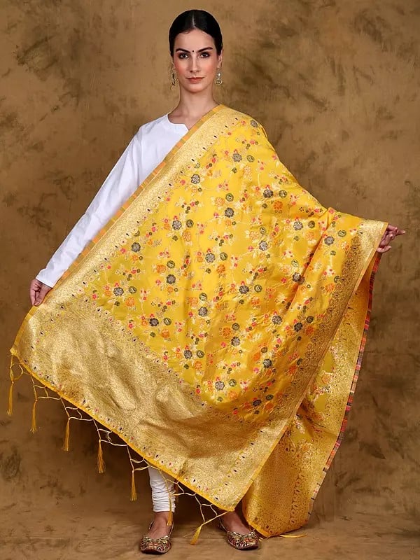 Art Silk Dupatta with All-Over Brocaded Multicolor Floral Vines