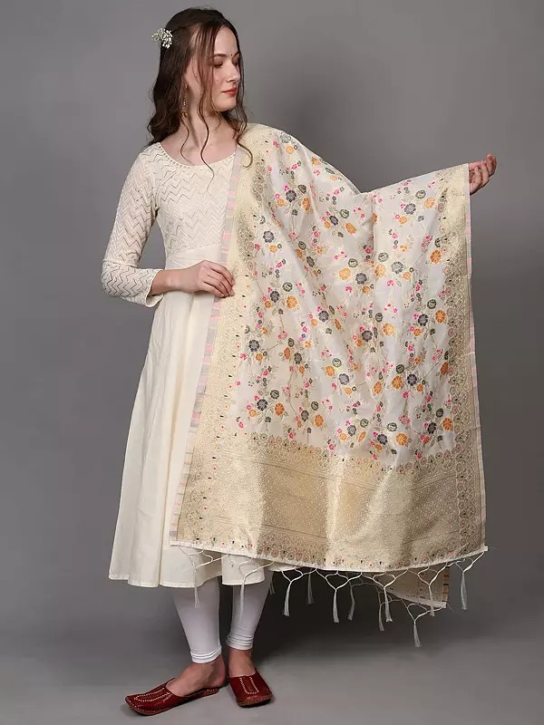 Art Silk Dupatta with All-Over Brocaded Multicolor Floral Vines