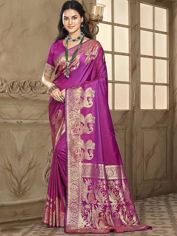 Traditional Attractive Silk Saree With Blouse And Peacock Motifs Pallu