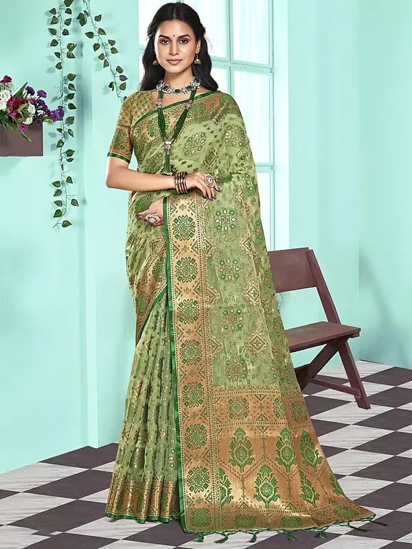 Woven Motifs Traditional Wedding Wear Organza Saree With Blouse