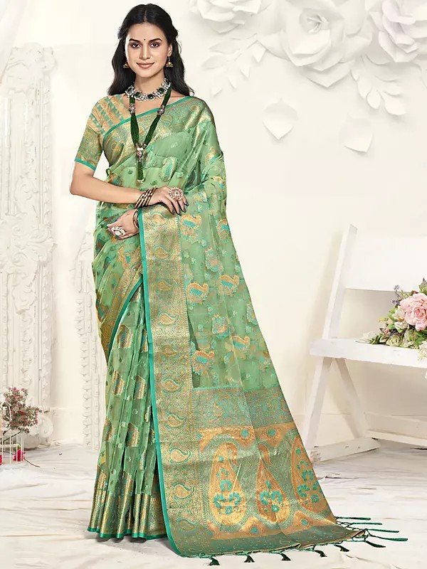 Paisleys Woven Motifs Organza Saree With Attractive Tassels Pallu For Festival Occasion