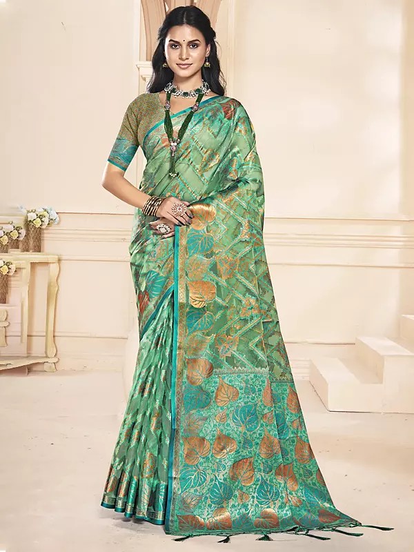 Flower Leaf Woven Motifs Festival Wear Organza Saree With Attractive Tassels Pallu