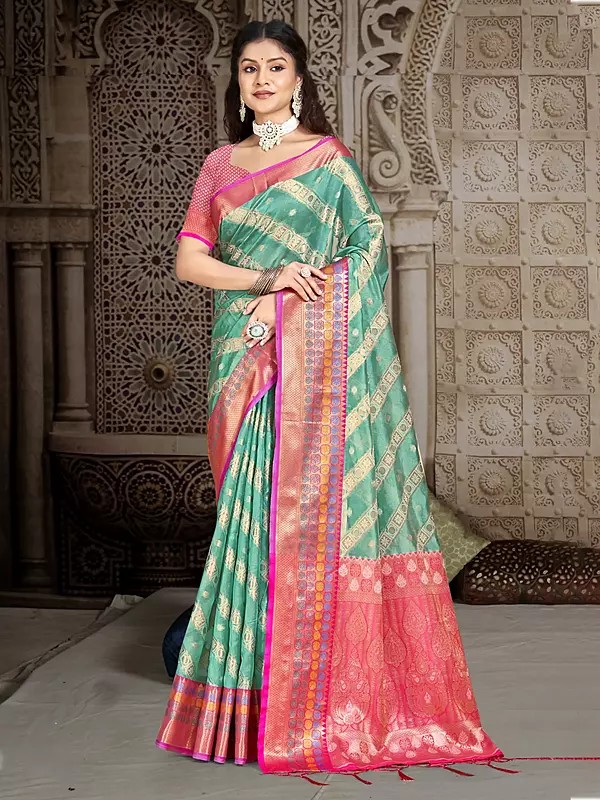 Geometric Motifs All Over Traditional Festival Wear Silk Saree With Tassels Pallu